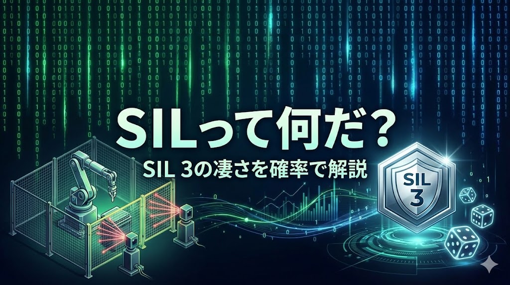 【機能安全】SILって何だ？SIL 3の凄さを確率で解説。ロボットやライトカーテンが稼働するFA現場の背景に、サイコロ（確率）とSIL 3の盾（高い信頼性）を配置し、安全度水準が確率論に基づいていることを表現したアイキャッチ画像。
