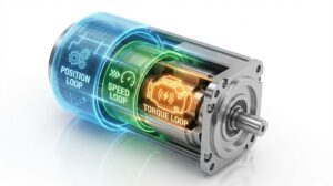 サーボモーターの内部構造（位置・速度・トルク）を表す3層の断面図イラスト