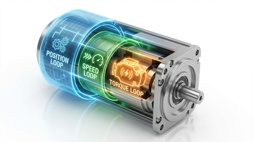 サーボモーターの内部構造（位置・速度・トルク）を表す3層の断面図イラスト