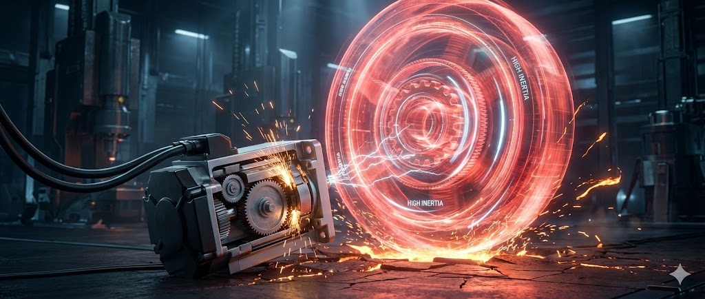 サーボモーター選定におけるイナーシャ比の重要性を表すイメージ図。小さなモーターが巨大な慣性負荷に振り回されている様子。