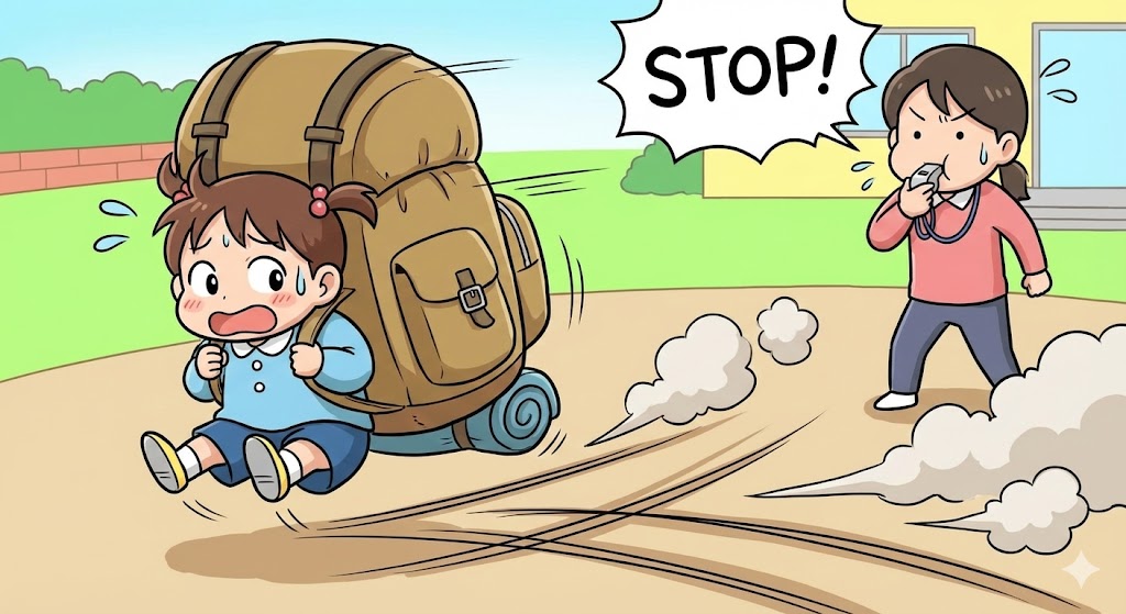 イナーシャ比の悪化を「重いリュックを背負った幼稚園児」に例えたイラスト。急停止できずにオーバーシュート（行き過ぎ）している様子。