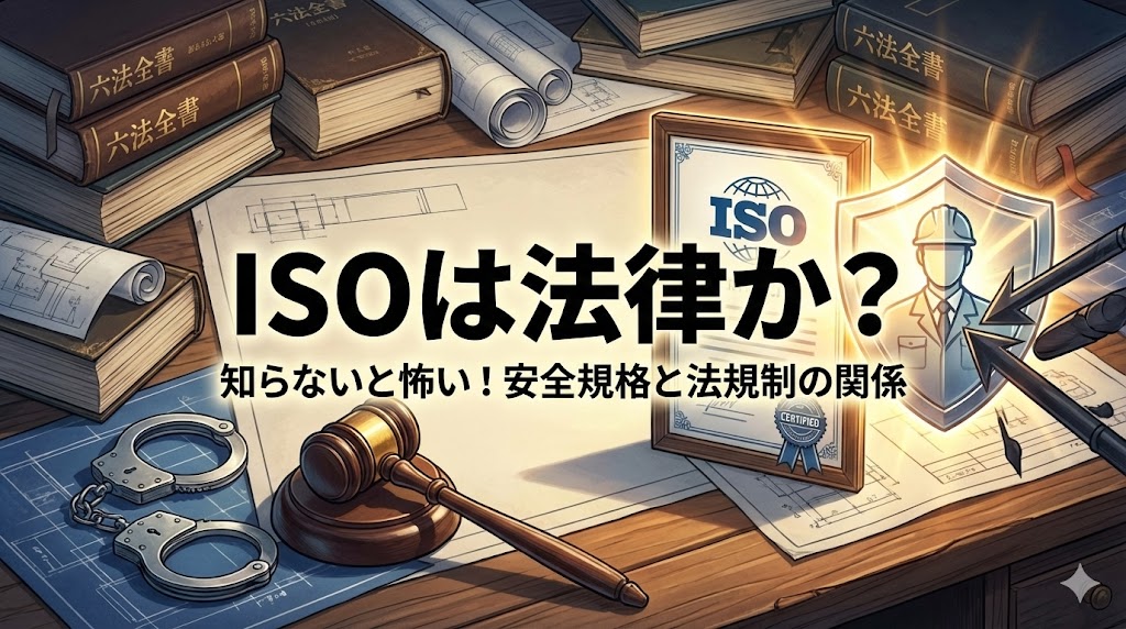 【法規】ISOを守らないと「違法」になる？機械安全と労働安全衛生法の「怖い関係」を解説。六法全書や手錠（法的責任）のイメージと、それらから技術者を守る盾としてのISO規格（国際標準）を描いたアイキャッチ画像。