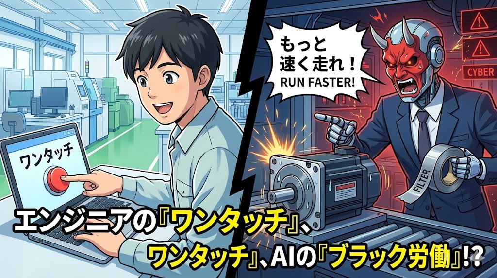 ノートPCでワンタッチ調整ボタンを気軽に押す若手エンジニアと、その裏でサーボモータをスパルタ指導するAIコンサルタントの対比イラスト