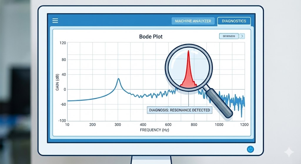 MR-Configurator2のマシンアナライザ機能のイメージ図。ボード線図（周波数応答グラフ）に現れた鋭い共振ピークを赤色で強調し、機械の振動原因を可視化・診断している様子。