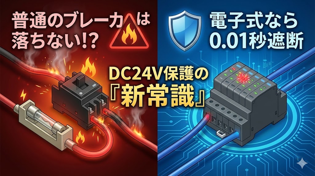 【DC24Vの保護】まだ「普通のブレーカ」で安心してる？電子サーキットプロテクタを使わないと配線が燃える理由。左側は普通の熱動式ブレーカやヒューズがショート電流を検知できずに発煙する危険な例。右側は電子式プロテクタが0.01秒で遮断し安全を守る正しい例を対比したイラスト。