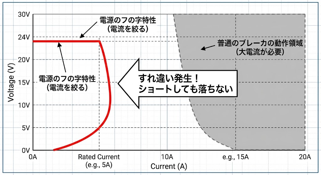 スイッチング電源の「フの字特性（垂下）」と「普通のブレーカの動作領域」のすれ違いを示すグラフ。電源が過電流保護で電流を絞ってしまう（赤線）ため、ブレーカが動作するために必要な大電流領域（グレー範囲）に到達せず、ショートしてもトリップしないメカニズムを解説した図。