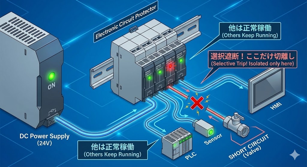 電子サーキットプロテクタ（S8V-CP）による「選択遮断（セレクティブトリップ）」の仕組み図解。ショートした1系統だけを瞬時に切り離し、他の正常な回路（PLCやHMI）は止めずに稼働させ続けることで、装置のブラックアウトを防ぐメリットを解説。