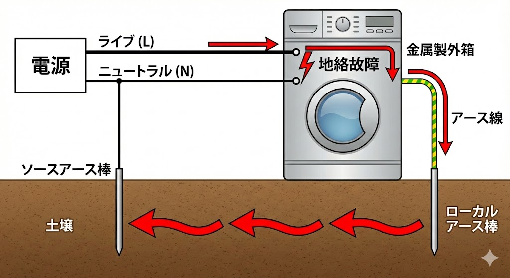 洗濯機の漏電事故におけるアース線（接地）の役割図解。金属製外箱への地絡故障が発生した際、アース線を通じて漏洩電流を地面に逃がすことで、人体への感電を防ぎ、漏電ブレーカーを瞬時に動作させる安全メカニズム。