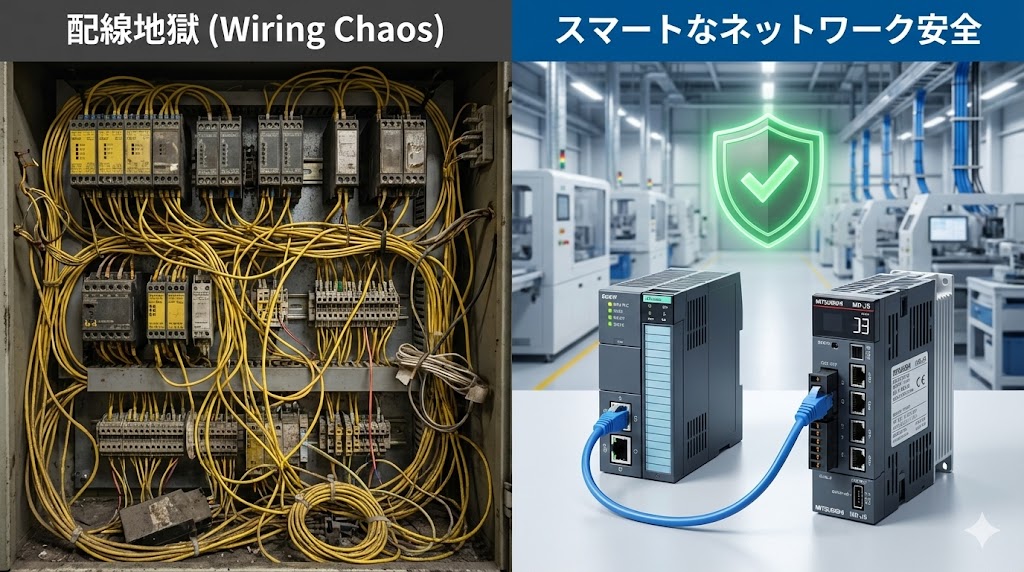 従来の複雑な安全リレー配線と、MR-J5のシンプルなネットワーク安全接続の比較イメージ