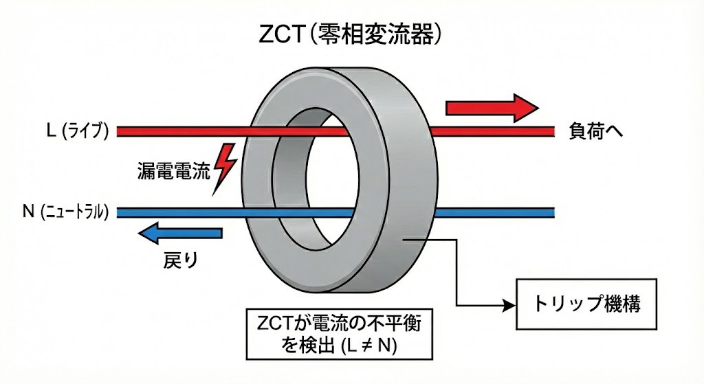 漏電遮断器の心臓部「ZCT（零相変流器）」の構造図。行き（L）と帰り（N）の電線をリング状のコアに通し、通常時は磁束が打ち消し合うが、漏電発生時に電流の不平衡（差分）が生じてトリップ機構を動作させる仕組みの解説図。