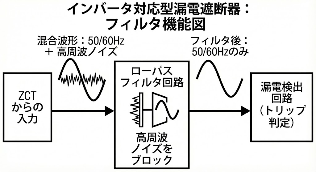インバータ対応型漏電遮断器のフィルタ機能図解。ZCTからの入力信号に対し、ローパスフィルタ回路が高周波ノイズのみをブロックし、危険な50/60Hzの漏電成分だけを漏電検出回路に通してトリップ判定を行う仕組み。