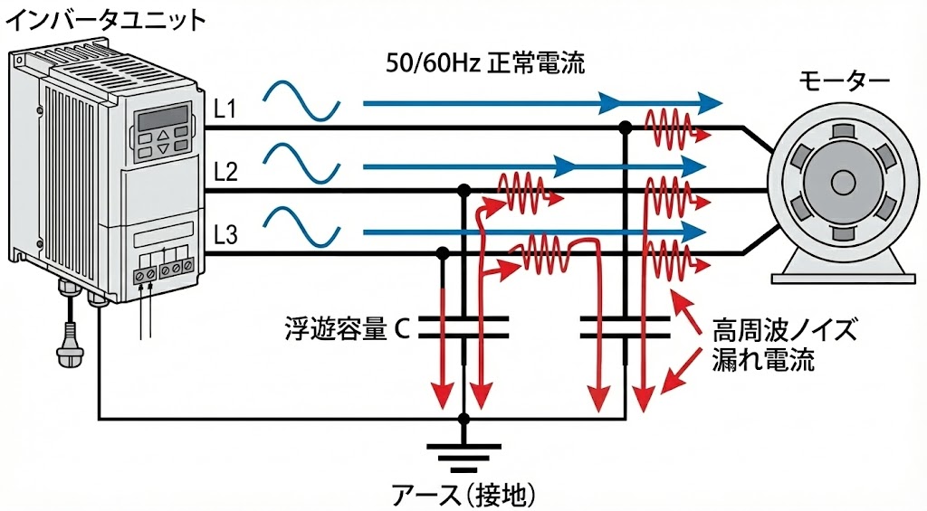 インバータ回路における高周波漏れ電流の発生メカニズム図解。インバータからモーターへの配線やモーター内部に存在する浮遊容量（C成分）を通じて、高周波