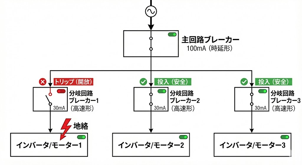 漏電ブレーカーの保護協調（セレクティブトリップ）の構成図。主回路に時延形100mA、分岐回路に高速形30mAを設置することで、漏電発生時に末端の分岐ブレーカーだけがトリップし、健全な回路や主電源は落ちずに稼働を続ける仕組み。