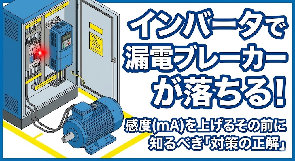 【実務編】インバータを入れると漏電ブレーカーが落ちる！感度(mA)を上げるその前に知っておくべき「対策の正解」。インバータ盤で漏電ブレーカーがトリップして困っている様子と、感度電流を上げる前に行うべき正しい対策を示唆するアイキャッチ画像。