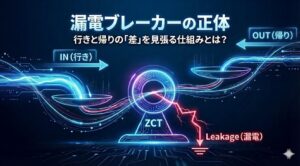 【基礎編】「漏電ブレーカー」はなぜ落ちる？行きと帰りの「差」を見張る仕組みとは？電流の入り口（IN）と出口（OUT）のバランスを天秤で表現し、ZCTが漏電（Leakage）による不均衡を検知してトリップさせるイメージを描いたアイキャッチ画像。