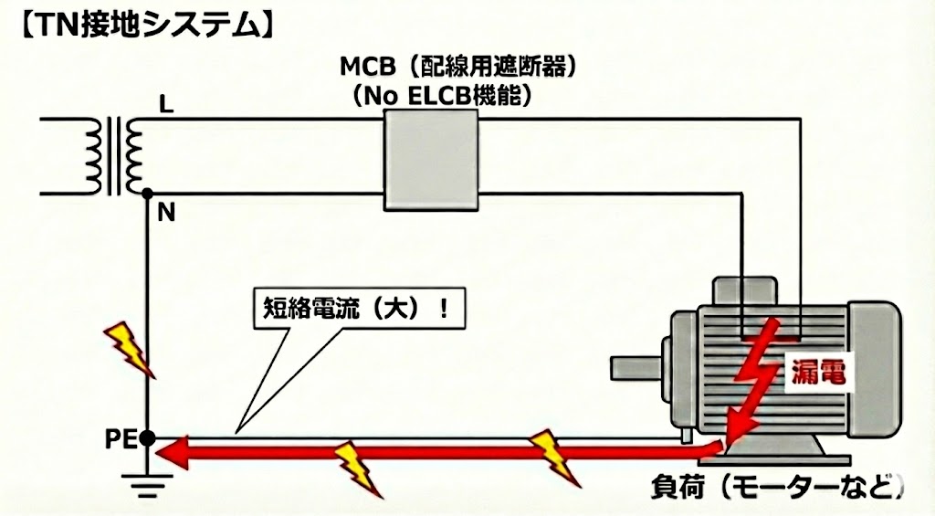 欧米で主流のTN接地システムにおける漏電時の電流経路図。機器のアースが電源の中性線（N）に接続されているため、漏電は「相間短絡（ショート）」となり大電流が流れる。その結果、一般的な配線用遮断器（MCB）で瞬時に遮断できる仕組みの解説。