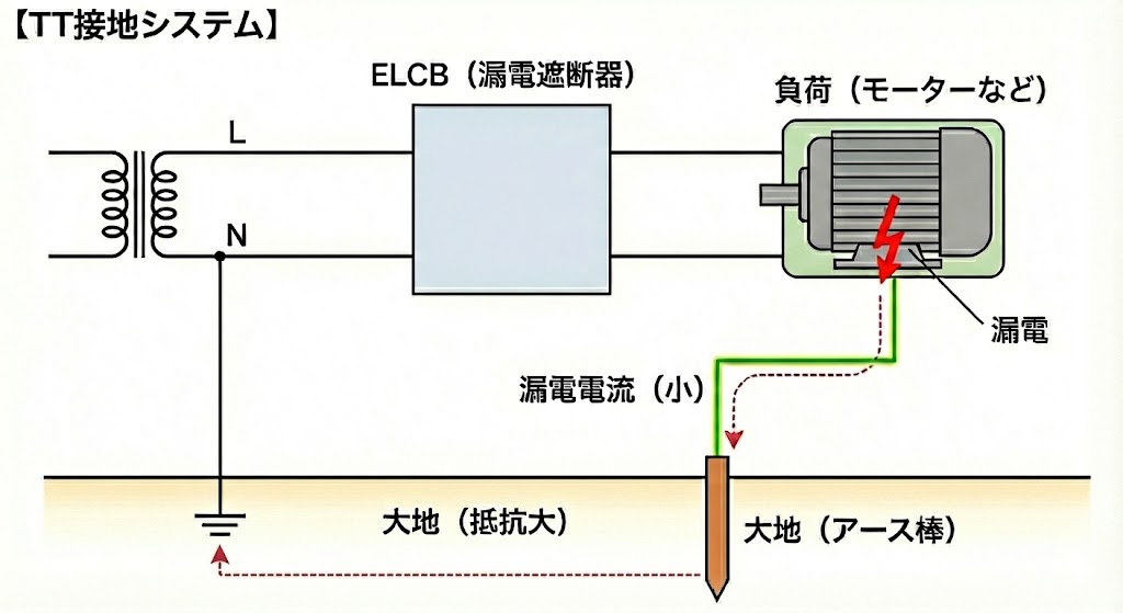 日本で主流のTT接地システムにおける漏電時の電流経路図。漏電した電気はアース棒を通じて大地へ流れるが、接地抵抗により電流値が小さくなるため、高感度な漏電遮断器（ELCB）による検知が必須であることを示す図解。