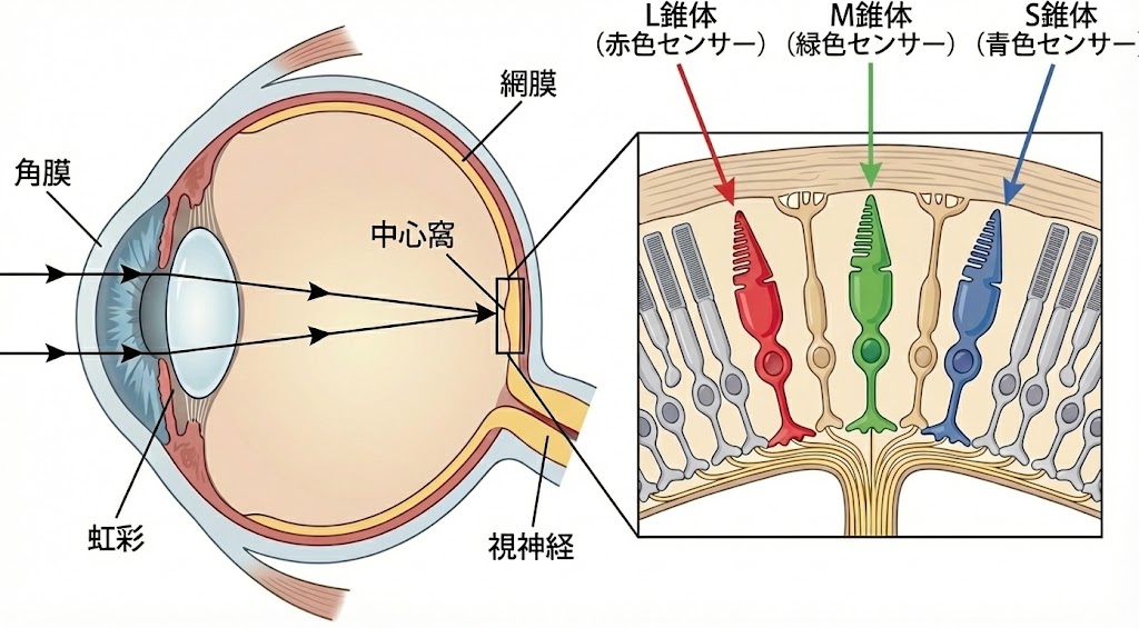 人間の網膜における色覚メカニズムの図解。L錐体（赤）、M錐体（緑）、S錐体（青）の3種類の視細胞（センサー）が光を感じ取る様子を描き、L錐体の感度が弱い場合に赤色が暗く見えたり、緑と区別がつかなくなる医学的な理由を解説。