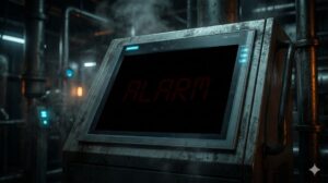 【HMI】プロの私すら気づかなかった。「黒背景の赤文字」が読めない理由。一般色覚者には見える「ALARM」の赤文字が、色覚特性（1型/P型）を持つ人の目には黒い背景に溶け込んでしまい、ほとんど視認できなくなる様子を比較・再現したアイキャッチ画像。