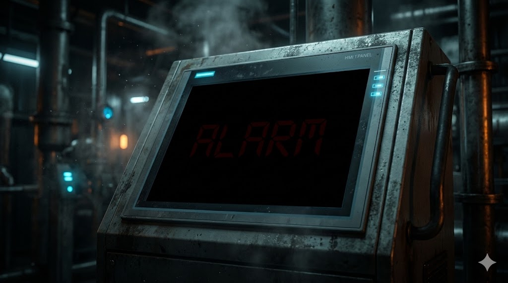 【HMI】プロの私すら気づかなかった。「黒背景の赤文字」が読めない理由。一般色覚者には見える「ALARM」の赤文字が、色覚特性（1型/P型）を持つ人の目には黒い背景に溶け込んでしまい、ほとんど視認できなくなる様子を比較・再現したアイキャッチ画像。