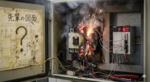制御盤内で火花を上げて故障している電磁接触器と、古い図面、現代のPLCが並んでいる警告イメージ。