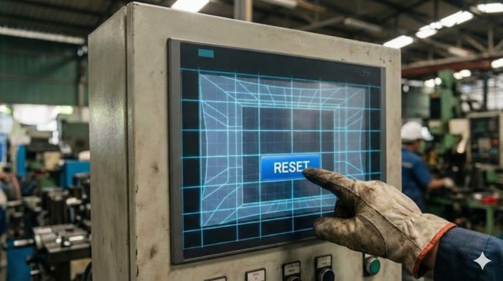 汚れた手袋で操作する現場の現実と、論理的に配置されたリセットボタンを押す指を描いたアイキャッチ画像。