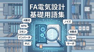 FA電気設計の現場で使われる基礎用語（A接点、NPN、PLCなど）が、辞書や虫眼鏡によって整理されている様子のイラスト。未経験者向けの用語解説記事のアイキャッチ画像。