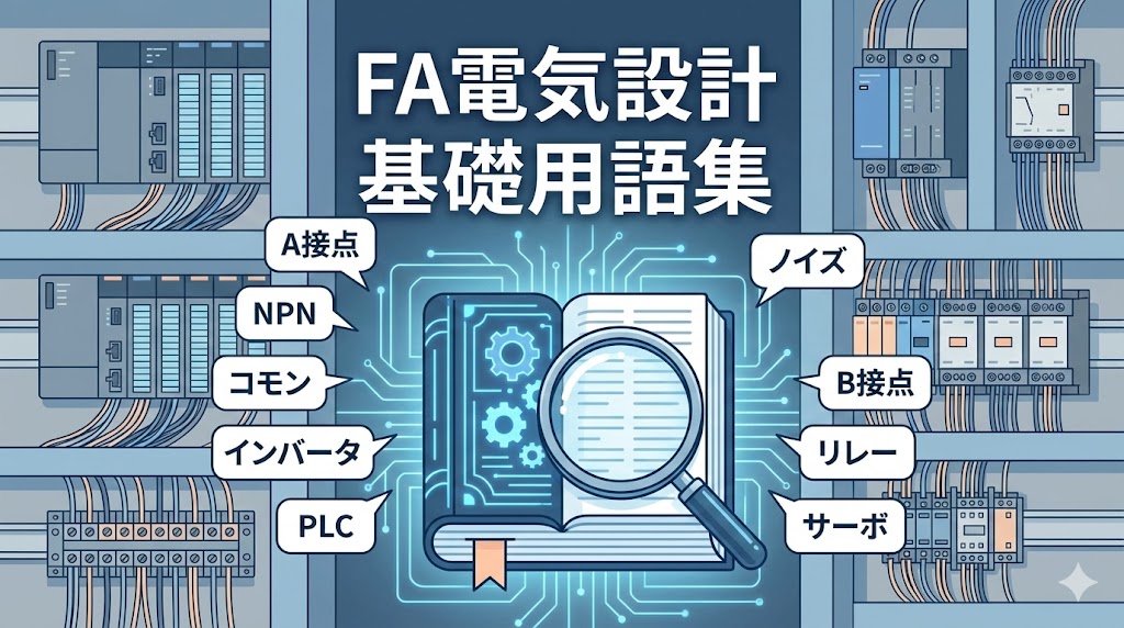 FA電気設計の現場で使われる基礎用語（A接点、NPN、PLCなど）が、辞書や虫眼鏡によって整理されている様子のイラスト。未経験者向けの用語解説記事のアイキャッチ画像。