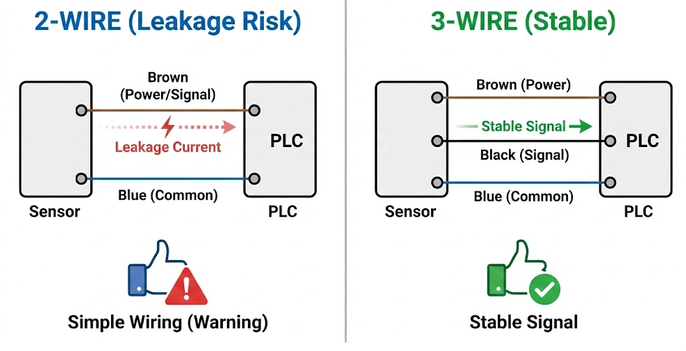 2線式と3線式センサーの配線比較図。2線式は信号線から漏れ電流が流れている様子、3線式は電源線が独立しており出力が安定している様子を対比して視覚化。
