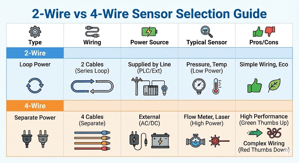 2線式と4線式センサーの電源供給方式、配線数、代表的な用途を比較した一覧表。