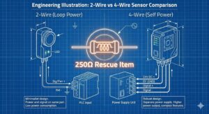 2線式センサーと4線式センサーの配線本数の違いと、緊急時の変換用250Ω抵抗のイメージイラスト。