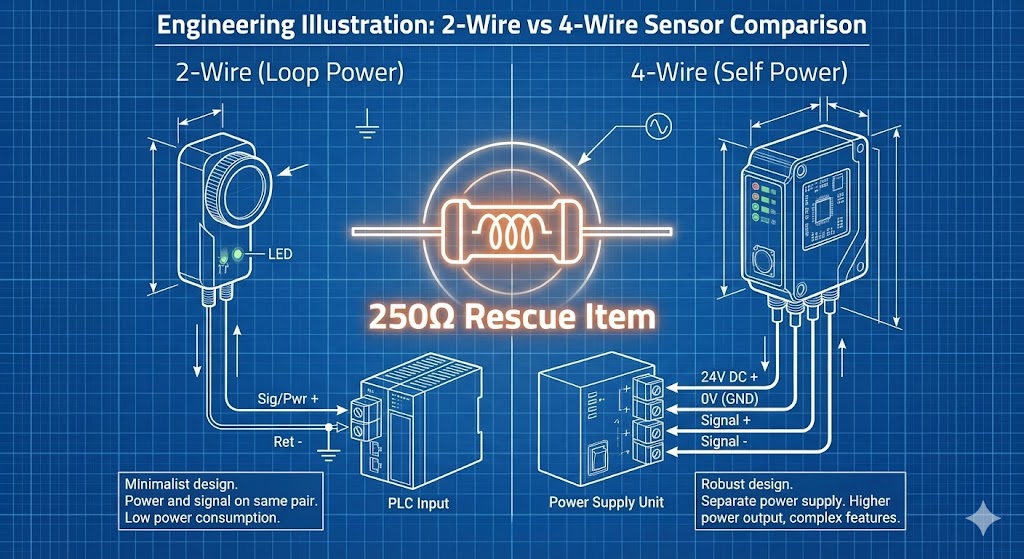 2線式センサーと4線式センサーの配線本数の違いと、緊急時の変換用250Ω抵抗のイメージイラスト。