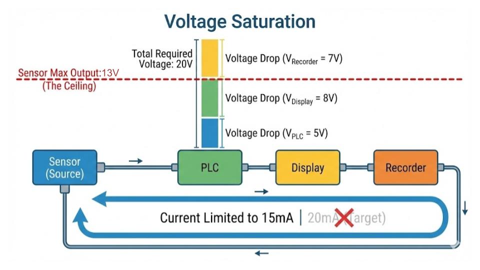 4-20mAアナログ信号における機器直列接続時の電圧降下とインピーダンスオーバーの図。センサーの最大電圧を超えて信号が低下する様子。