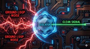 激しい電気ノイズを防ぐアイソレーターのイメージイラスト。グランドループノイズを遮断し、クリーンな信号を出力している様子。
