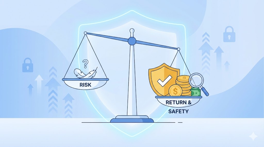 転職活動のリスクとリターンを比較する天秤のイラスト。リスクは羽のように軽く、リターン(安心感を示す盾や得られる情報)の方が圧倒的に重く傾いており、活動自体はノーリスクであることを表現。