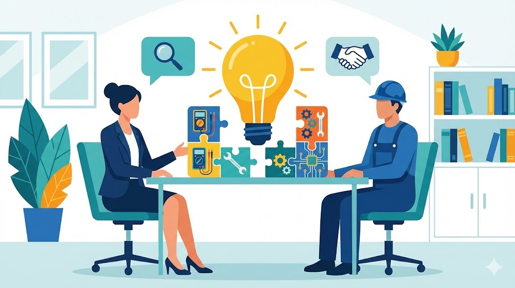 転職エージェントとエンジニアがキャリア相談をしているイラスト。テーブルの上で、バラバラだったスキルのパズルピースが組み合わさり、市場価値という「ひらめき」が生まれる様子。