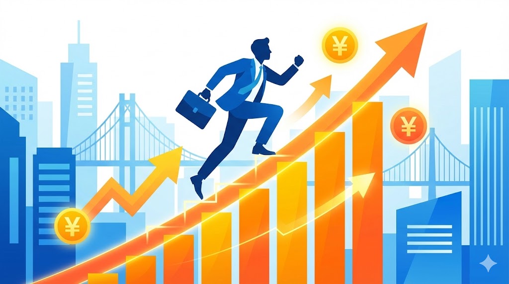 右肩上がりに急上昇するグラフの階段を駆け上がるビジネスパーソンのイラスト。場所を変えることによる年収アップの成功イメージ。
