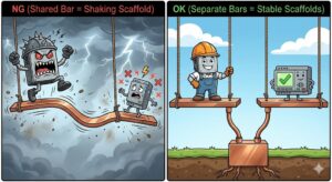共通インピーダンス結合の概念図。左は1枚の足場板を共有して振動が伝わるNG例、右は足場板を分けて中央のブロックでのみ一点接地したOK例を示すイラスト。