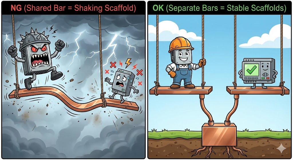 共通インピーダンス結合の概念図。左は1枚の足場板を共有して振動が伝わるNG例、右は足場板を分けて中央のブロックでのみ一点接地したOK例を示すイラスト。