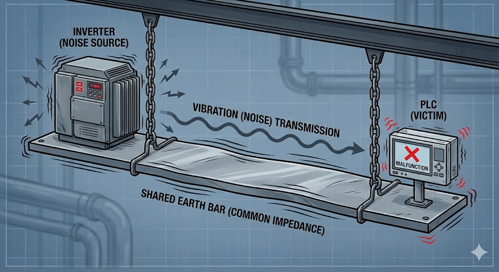 共通インピーダンス結合の概念図。1枚の足場板（共有アースバー）の上で、インバータの振動がPLCに伝播して揺らしている様子。