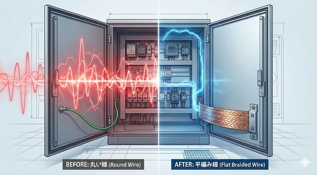 制御盤扉のアース接続比較アイキャッチ。左は丸い緑線でノイズが拡散している様子、右は平編み線でノイズが抑制され安全にアースされている様子を対比。