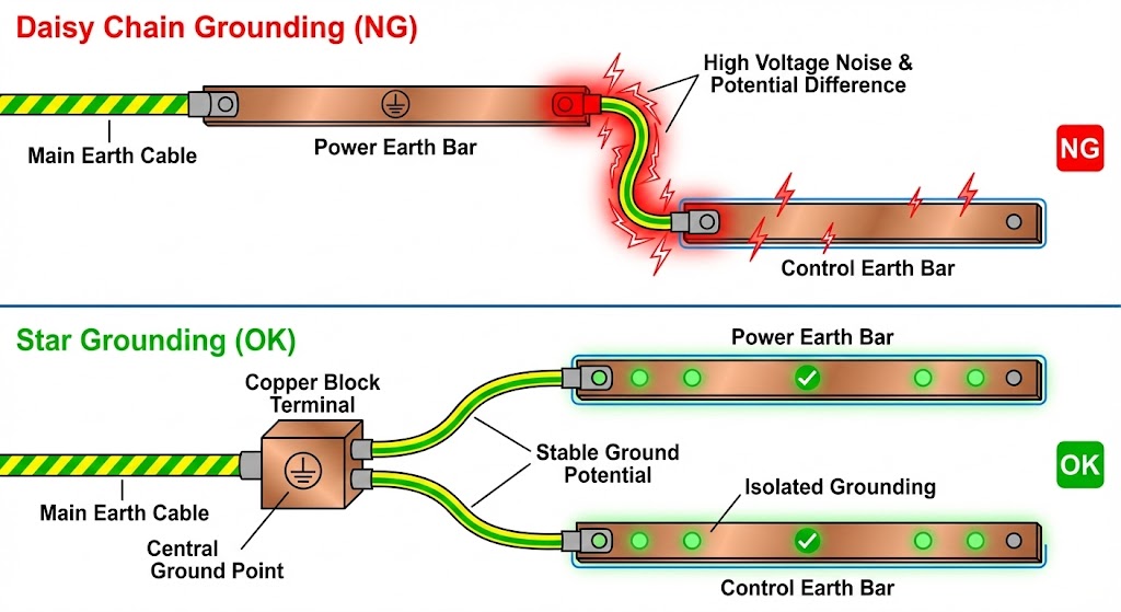 アース接続の比較図。上がNGとなる数珠つなぎ（渡り配線）、下がOKとなるスター配線（一点接地）を示す回路図