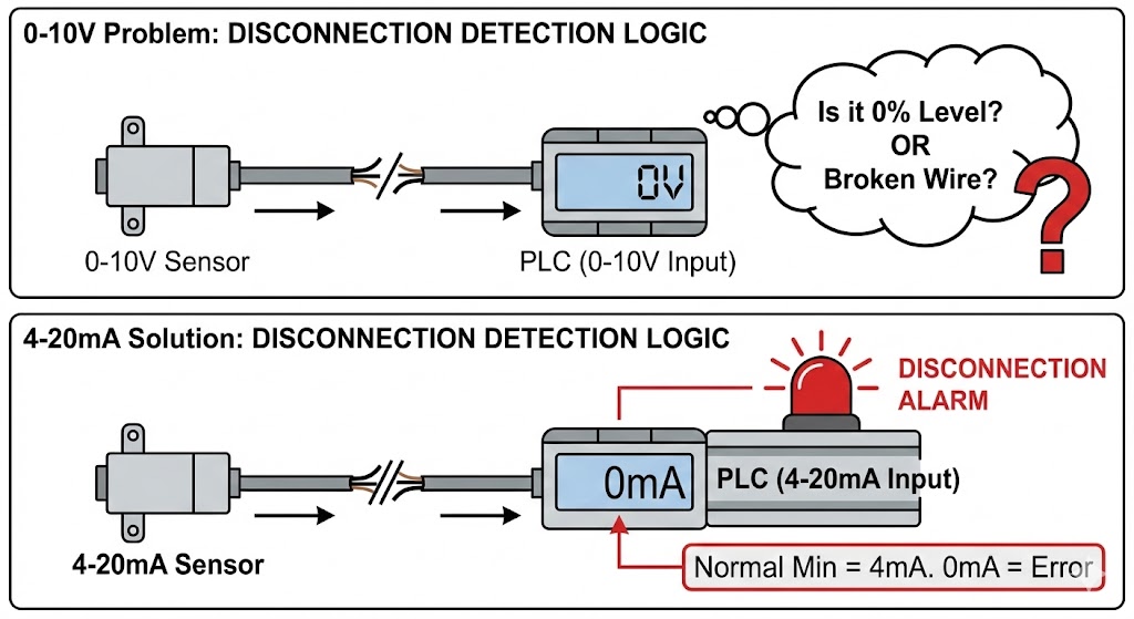 0-10Vと4-20mAの断線検知の違い。0-10Vは断線と0%の区別がつかないが、4-20mAは0mAになれば即座に断線と判断できる図解。