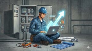 制御盤の前の床に座り、ノートパソコンで作業をする電気設計エンジニアのイラスト。画面からは自身の市場価値や年収のアップを象徴する、光り輝く右肩上がりの矢印とグラフが飛び出している。