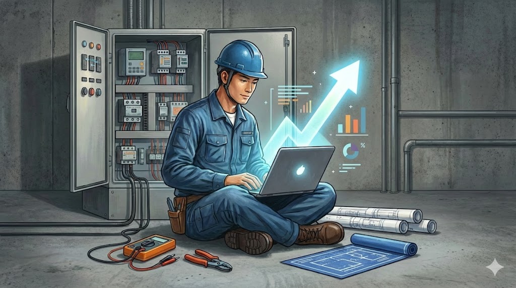 制御盤の前の床に座り、ノートパソコンで作業をする電気設計エンジニアのイラスト。画面からは自身の市場価値や年収のアップを象徴する、光り輝く右肩上がりの矢印とグラフが飛び出している。