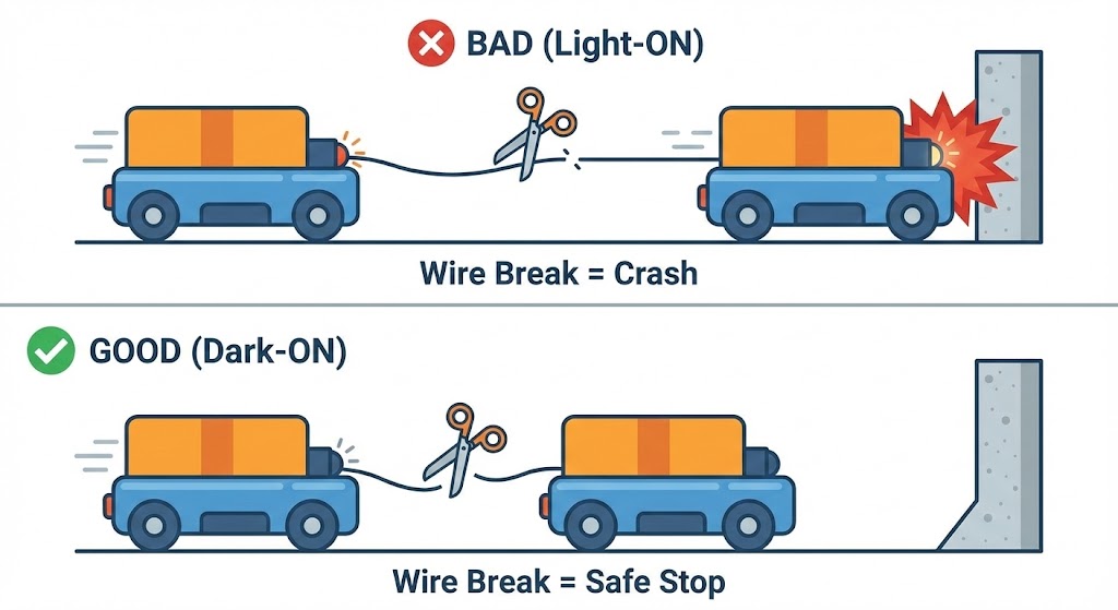 断線トラブル発生時の挙動比較図。ライトON（NO）設定では断線時に信号が出ず設備が激突する危険側動作、ダークON（NC）設定では断線時に信号が切れて安全に停止するフェイルセーフ動作となることを対比。