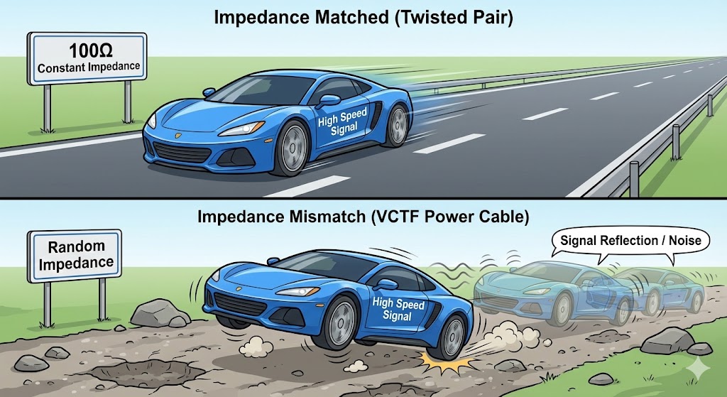 特性インピーダンスの整合・不整合を「道路と車」に例えたイメージ図。上段はインピーダンスが整合した専用ケーブル(ツイストペア)を「平坦な舗装道路」として描き、信号(スポーツカー)がスムーズに走行している。下段はインピーダンスが不整合なVCTF(電源線)を「砂利道」として描き、信号の車が激しくバウンドし、反射波(ノイズ)が発生している様子を表している。