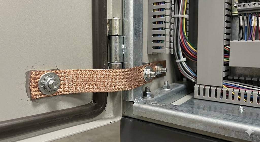 制御盤の扉と本体フレームを接続する、平編み線(ボンディングストラップ)のプロフェッショナルな施工写真クローズアップ。