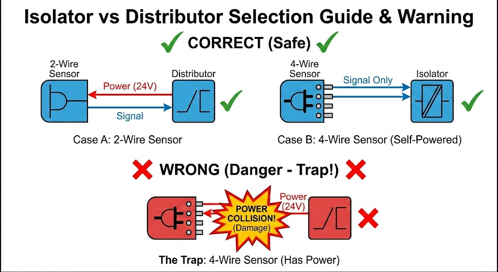 アイソレーターとディストリビュータの正しい使い分けと、接続ミスによる電源衝突の警告図（最終版）。4線式センサーは信号線のみをアイソレーターに接続する様子を強調。