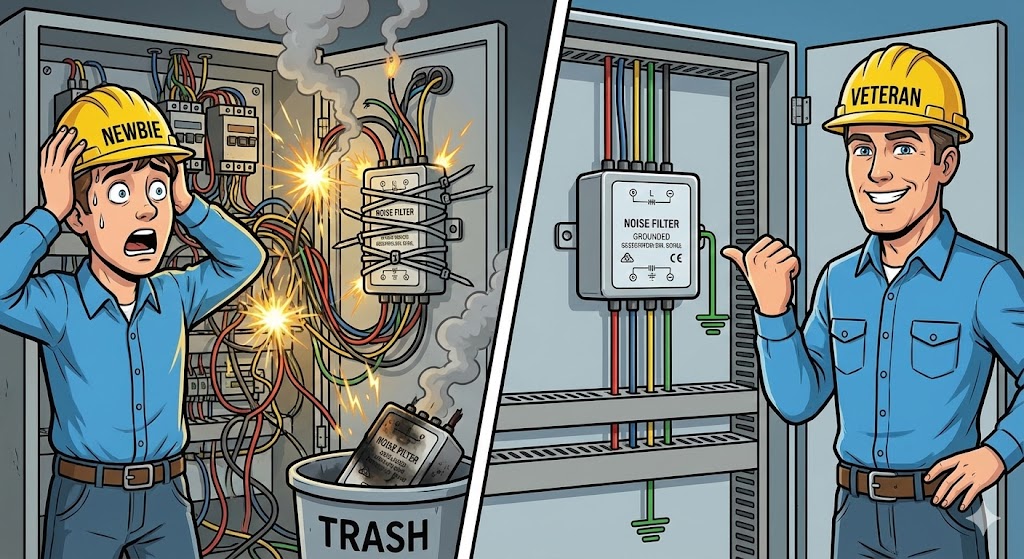 左側は施工ミスで火花が散る配線と頭を抱える新人エンジニア、右側は整然と配線され自信満々のベテランエンジニアを描いた対比イラスト。